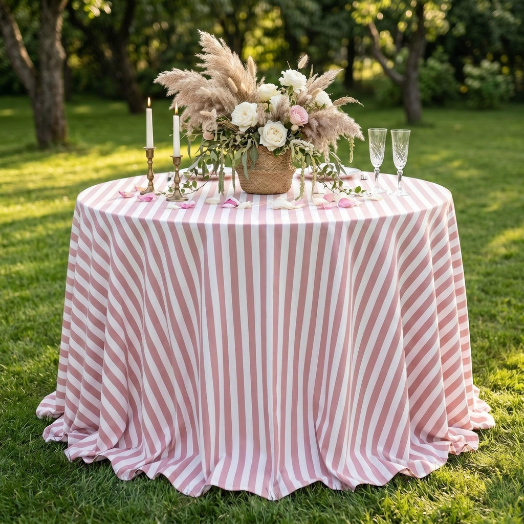 Powder pink striped cotton tablecloth on a dining table