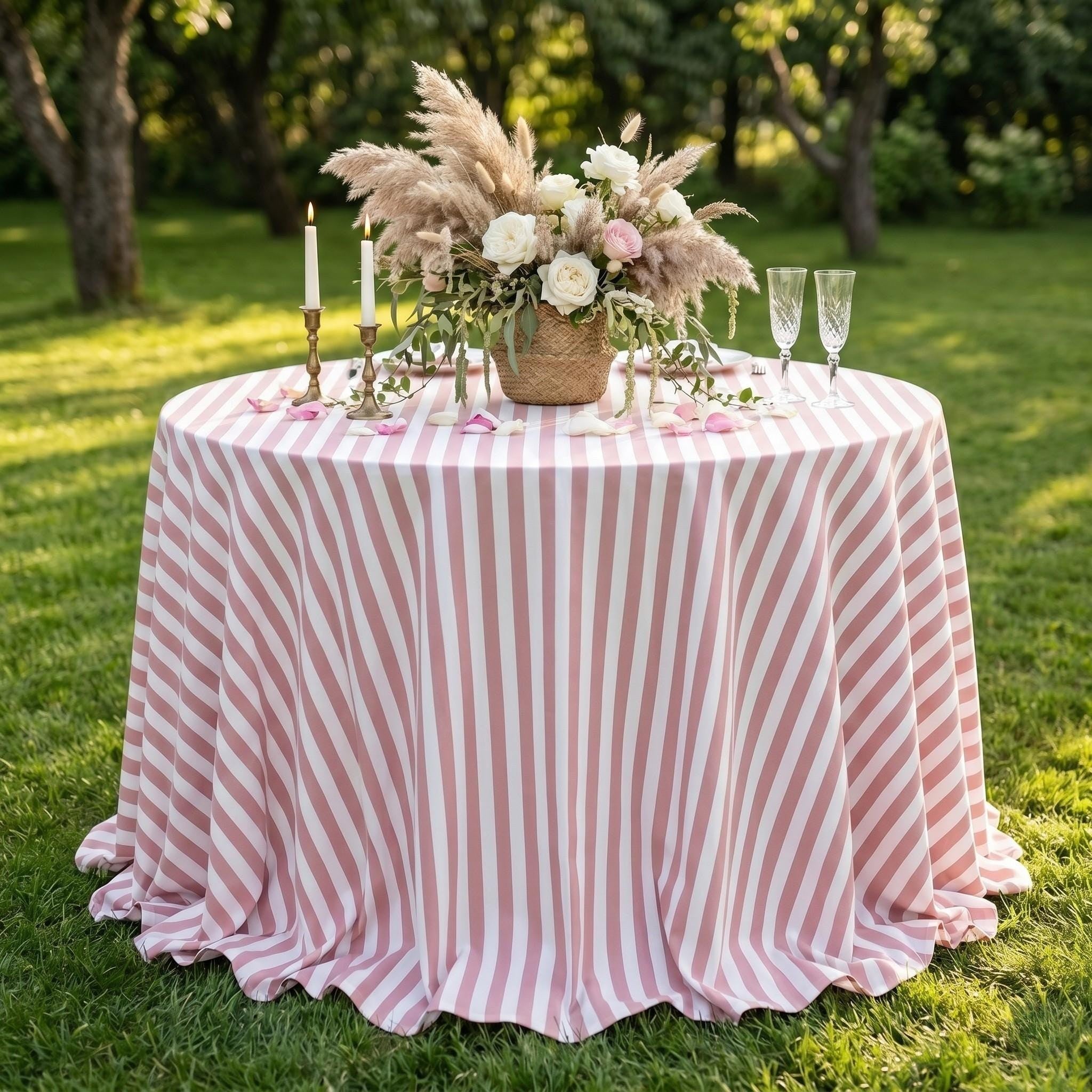 Powder pink striped cotton tablecloth on a dining table