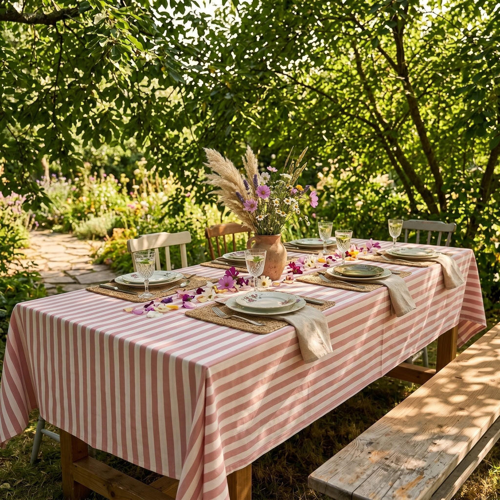 Striped Cotton Tablecloth — Powder Pink, 12 Colors, Custom Size