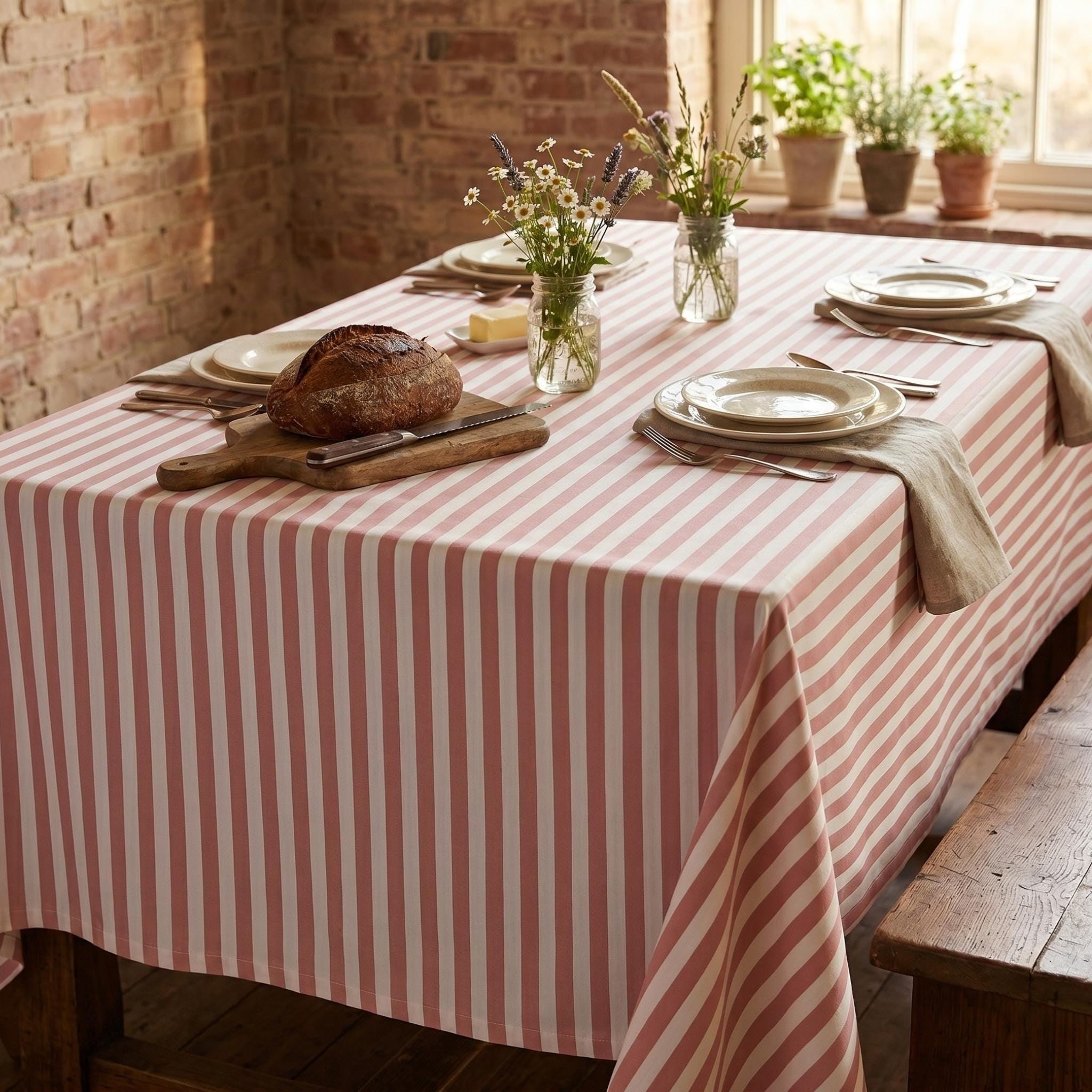 Striped Cotton Tablecloth — Powder Pink, 12 Colors, Custom Size