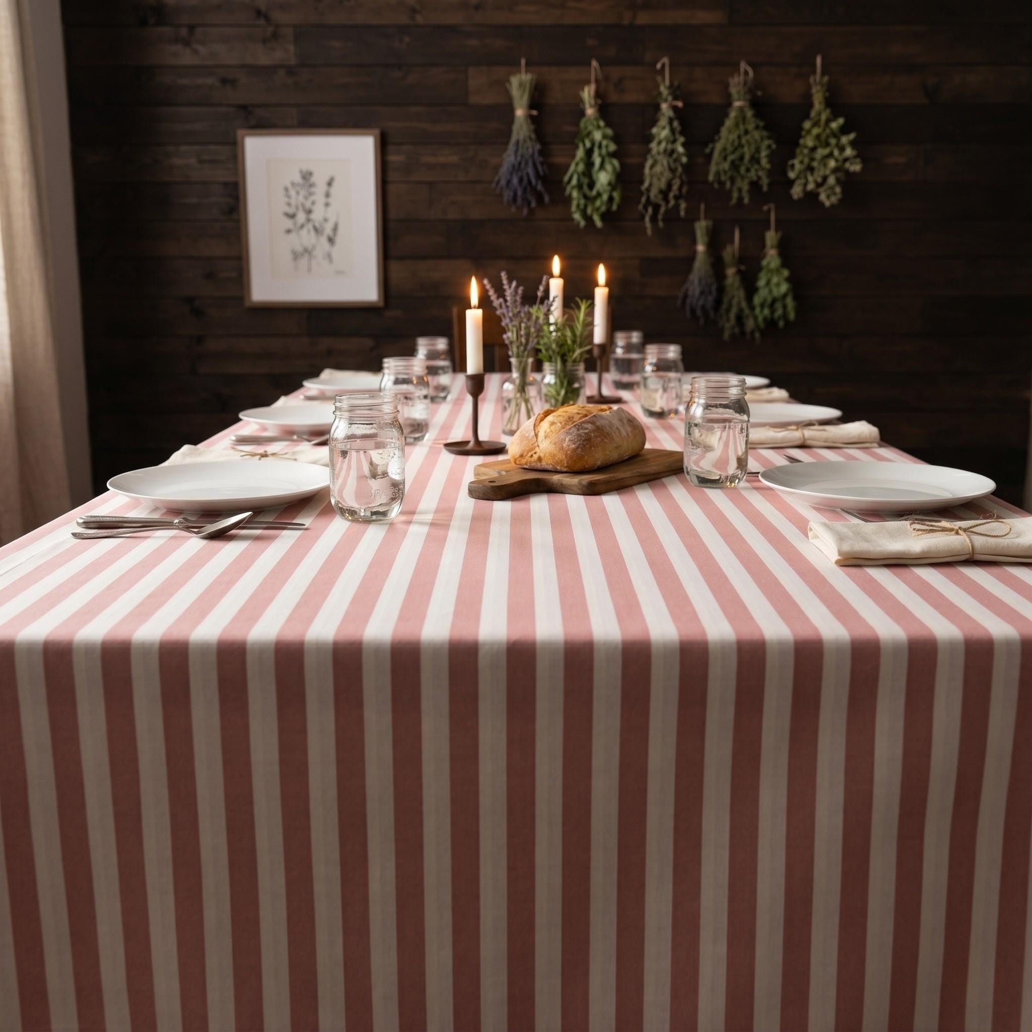 Striped Cotton Tablecloth — Powder Pink, 12 Colors, Custom Size