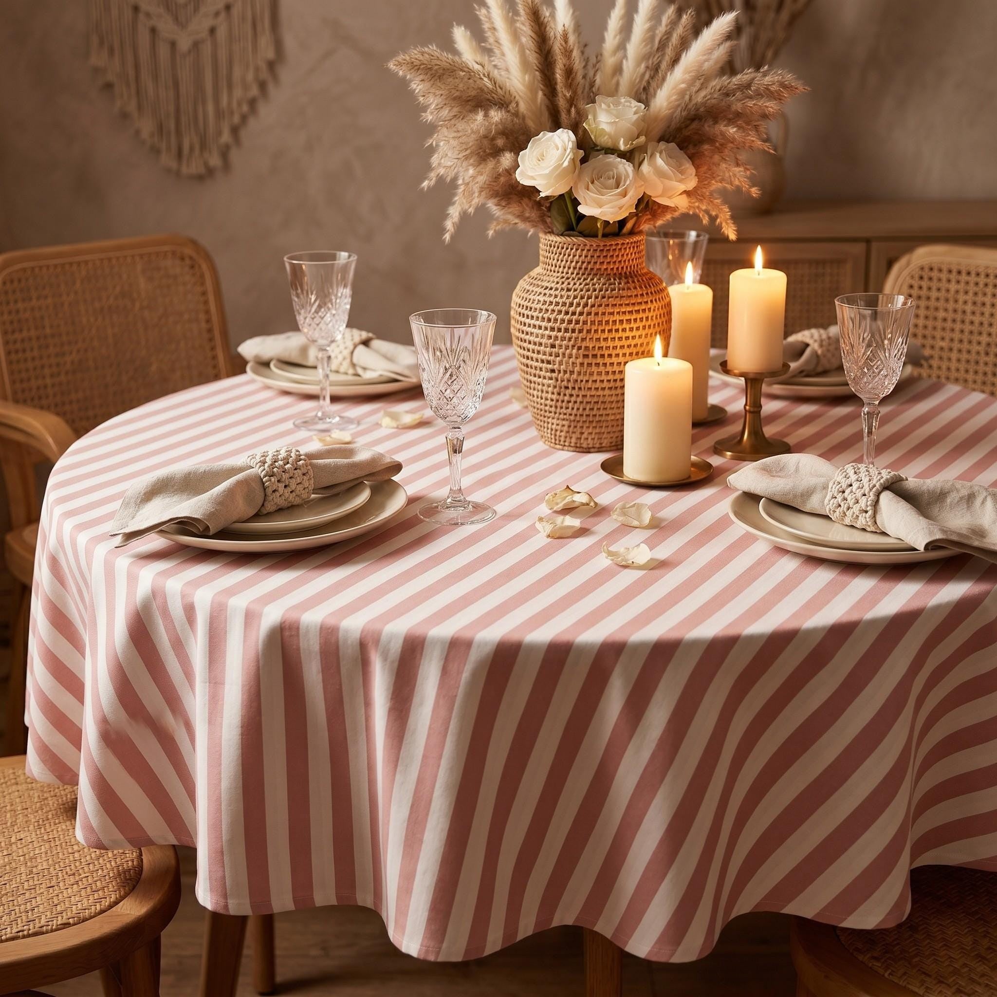 Striped Cotton Tablecloth — Powder Pink, 12 Colors, Custom Size