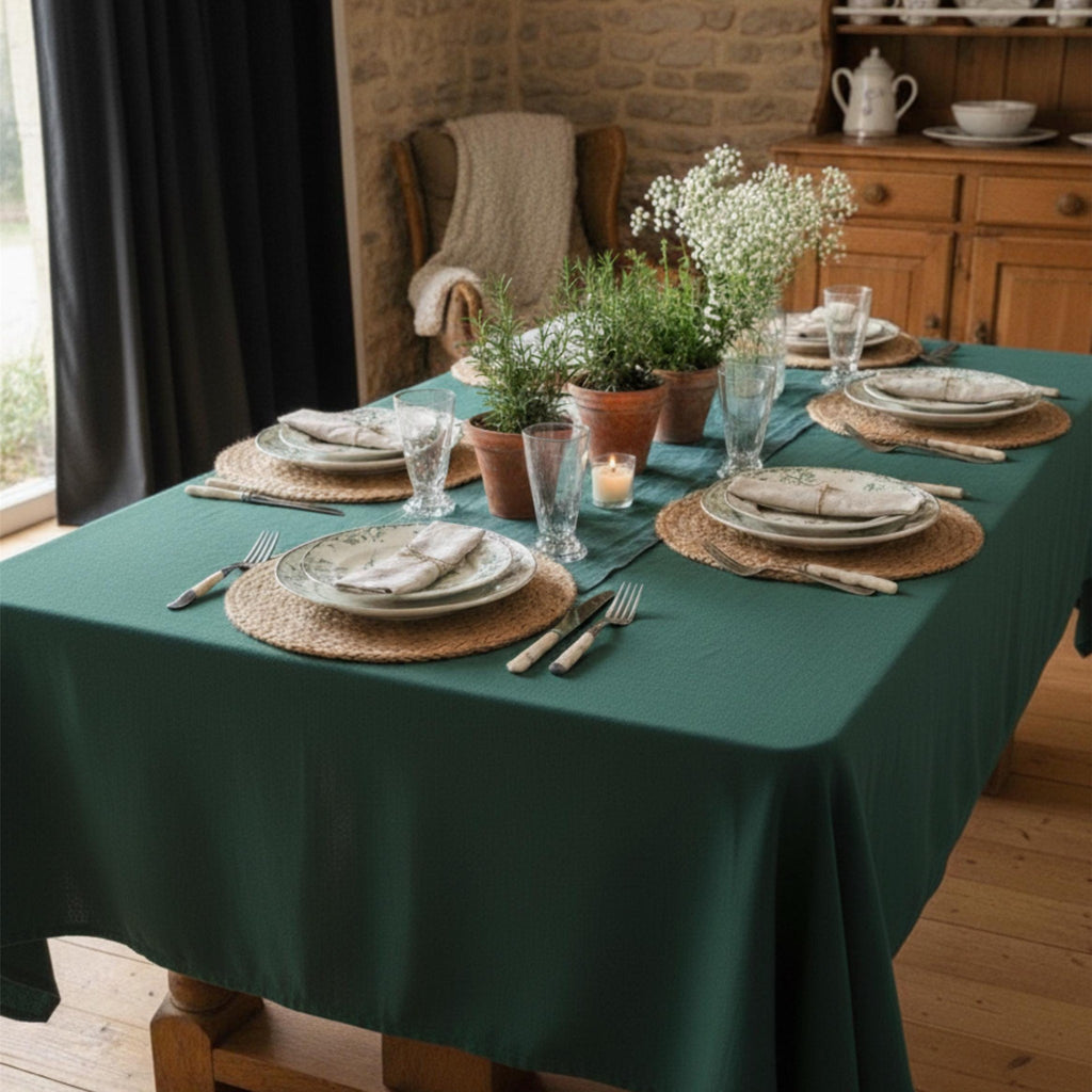 Stain resistant solid color cotton tablecloth on a family dining table