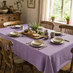 Lavender cotton linen tablecloth on an outdoor dining table