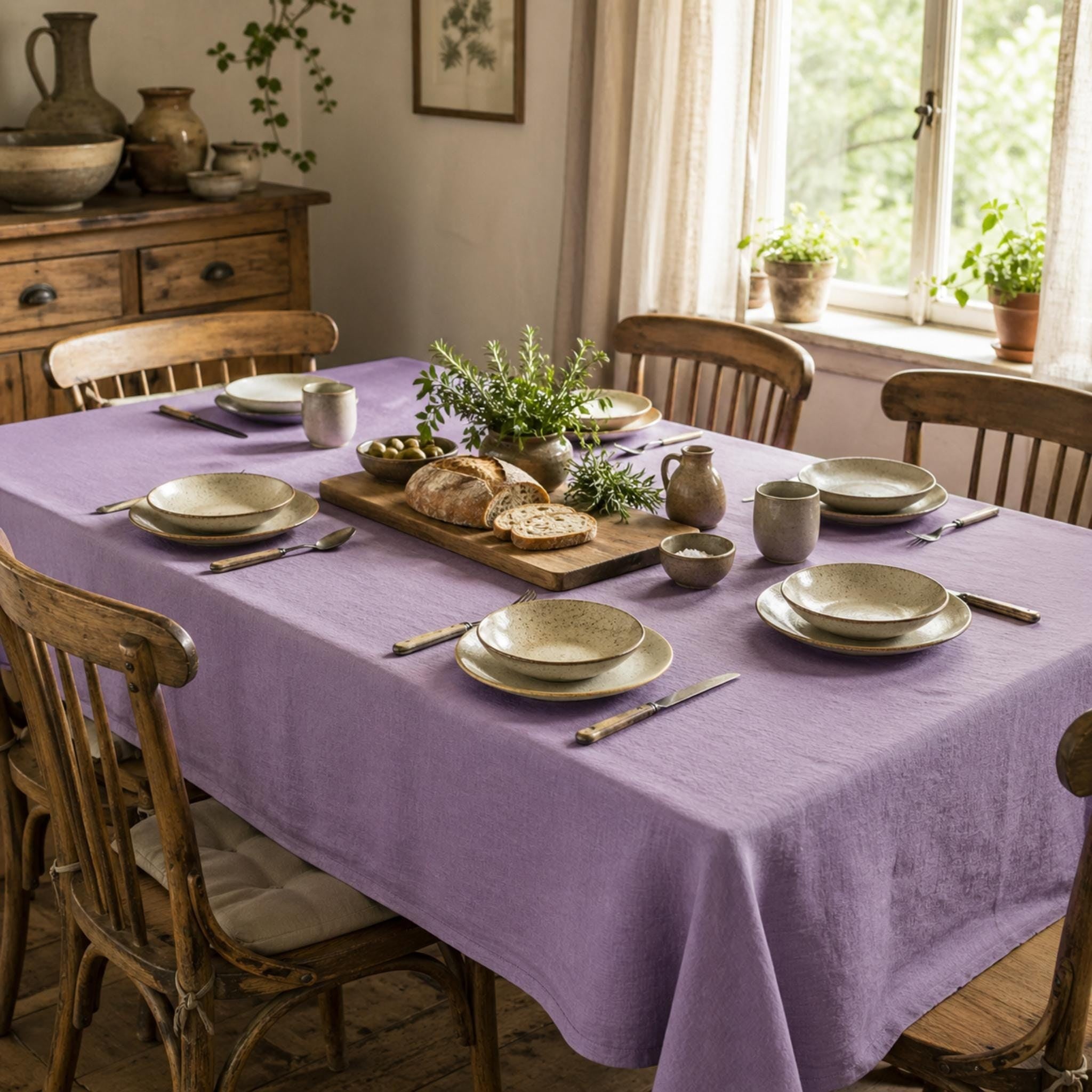 Lavender cotton linen tablecloth on an outdoor dining table