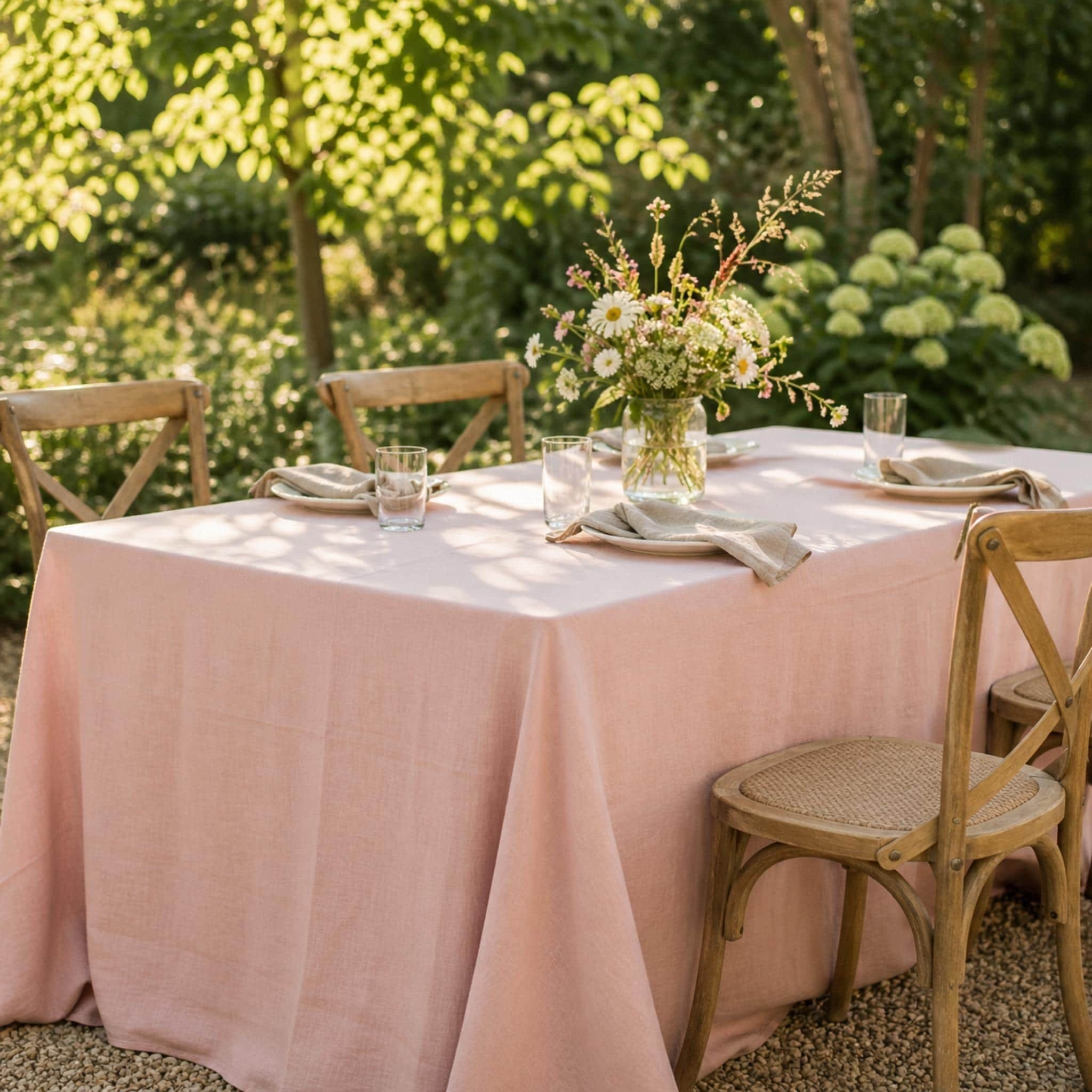 Powder pink cotton linen tablecloth set for a garden brunch
