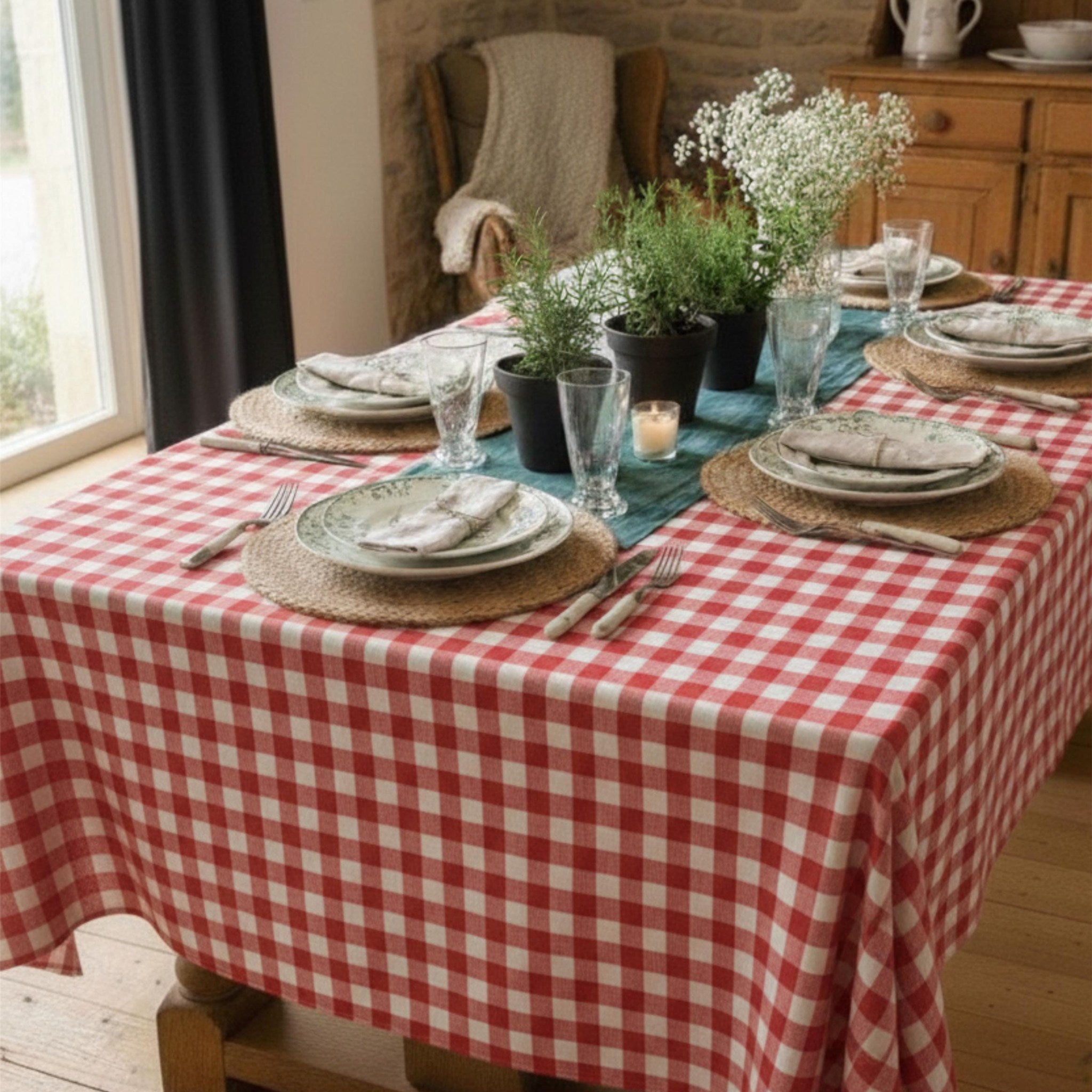 Gingham Cotton Tablecloth — Red Check, 9 Colors, Custom Size
