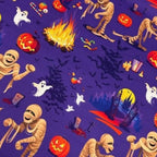 Purple Halloween party print with mummies, ghosts and pumpkins