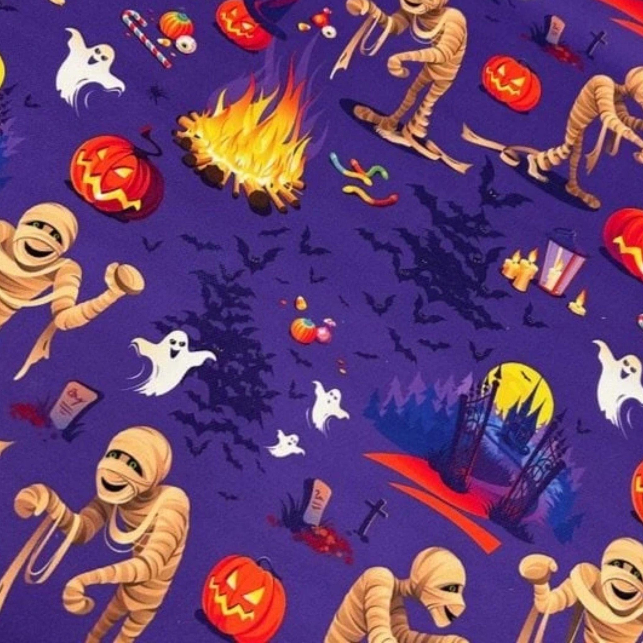 Purple Halloween party print with mummies, ghosts and pumpkins