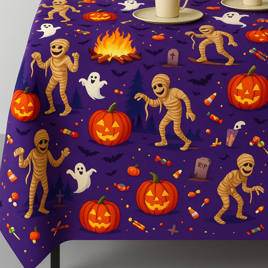 Halloween tablecloth with mummy and pumpkin print on a table