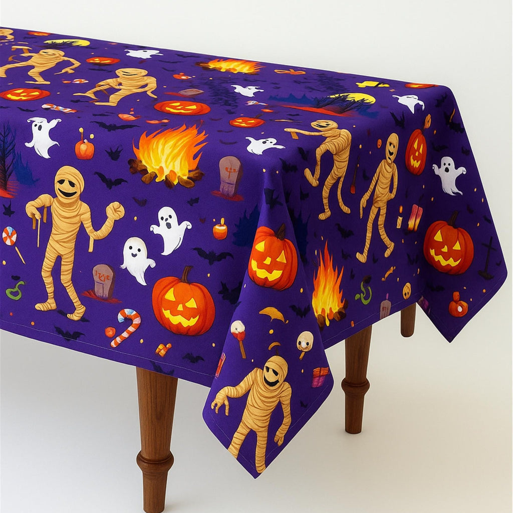 Purple Halloween tablecloth on a rectangular table