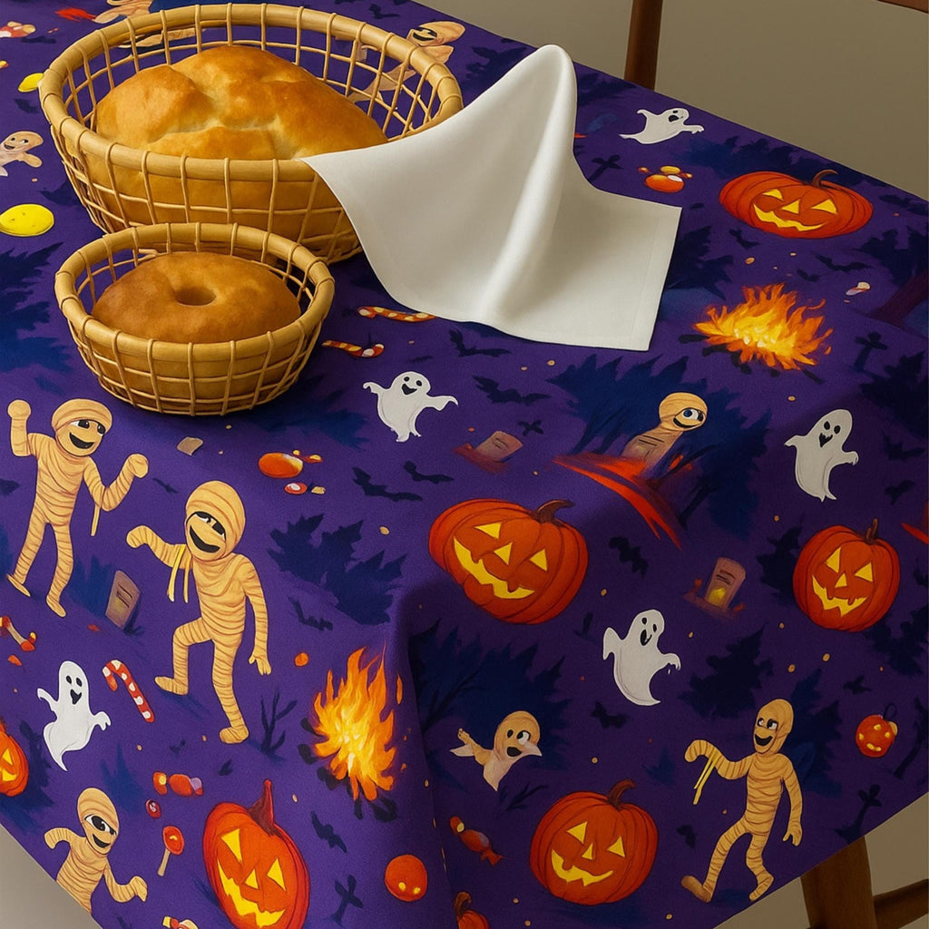 Spooky party tablecloth with bread baskets styling