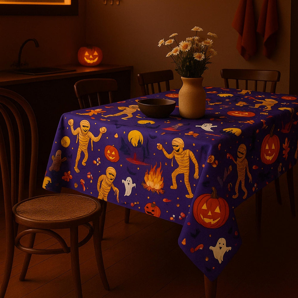 Halloween tablecloth in an evening kitchen scene