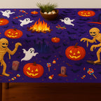 Purple Halloween tablecloth full table view