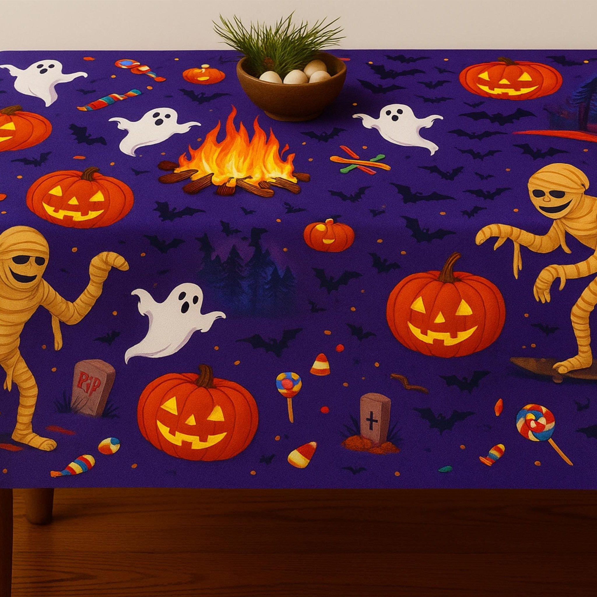 Purple Halloween tablecloth full table view