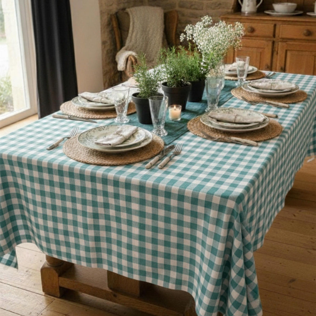 Gingham Cotton Tablecloth — Mint Green Check, 9 Colors, Custom Size