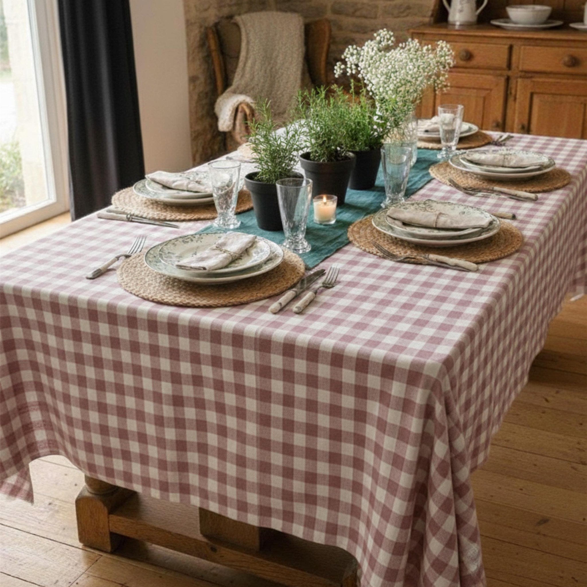 Gingham Cotton Tablecloth — Powder Check, 9 Colors, Custom Size