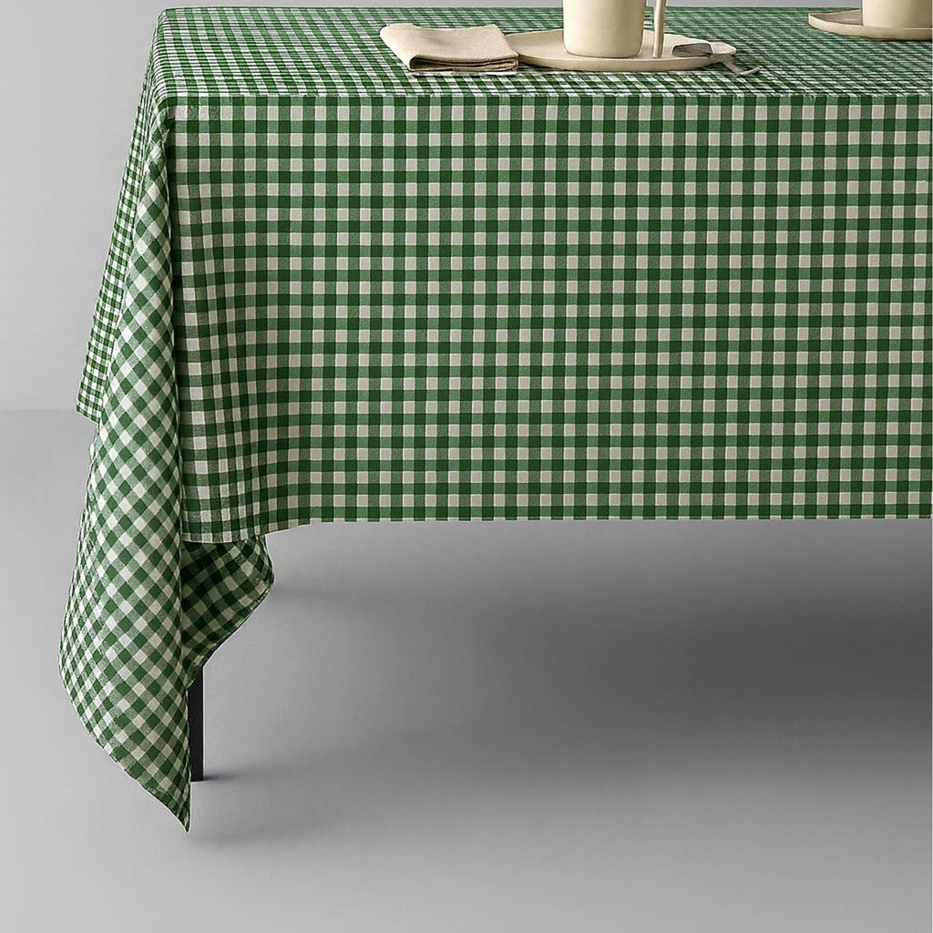 Green mini check gingham cotton tablecloth on a cottage kitchen table