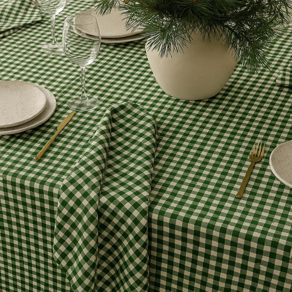 Gingham Cotton Tablecloth — Green Mini Check, 12 Colors, Custom Size