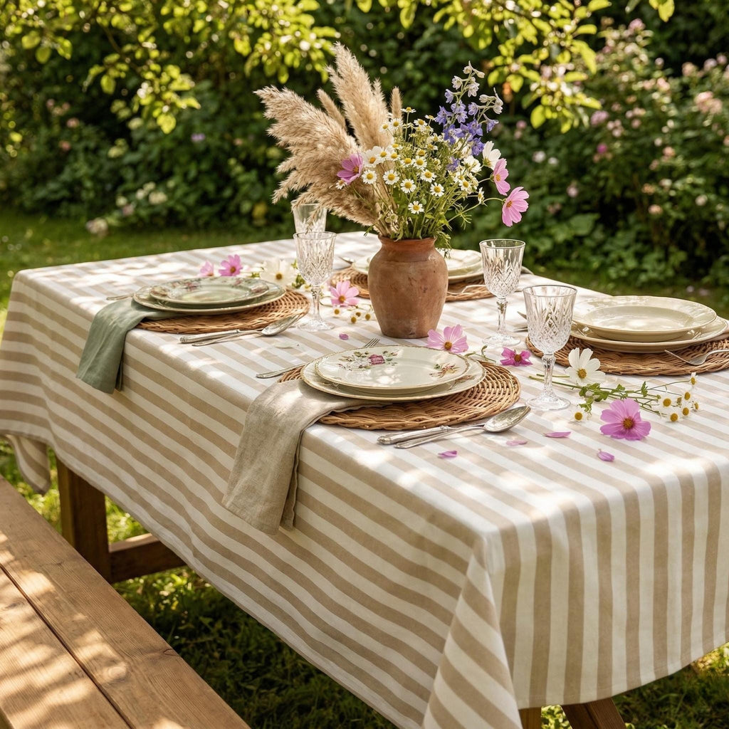 Beige striped cotton tablecloth on a farmhouse dining table