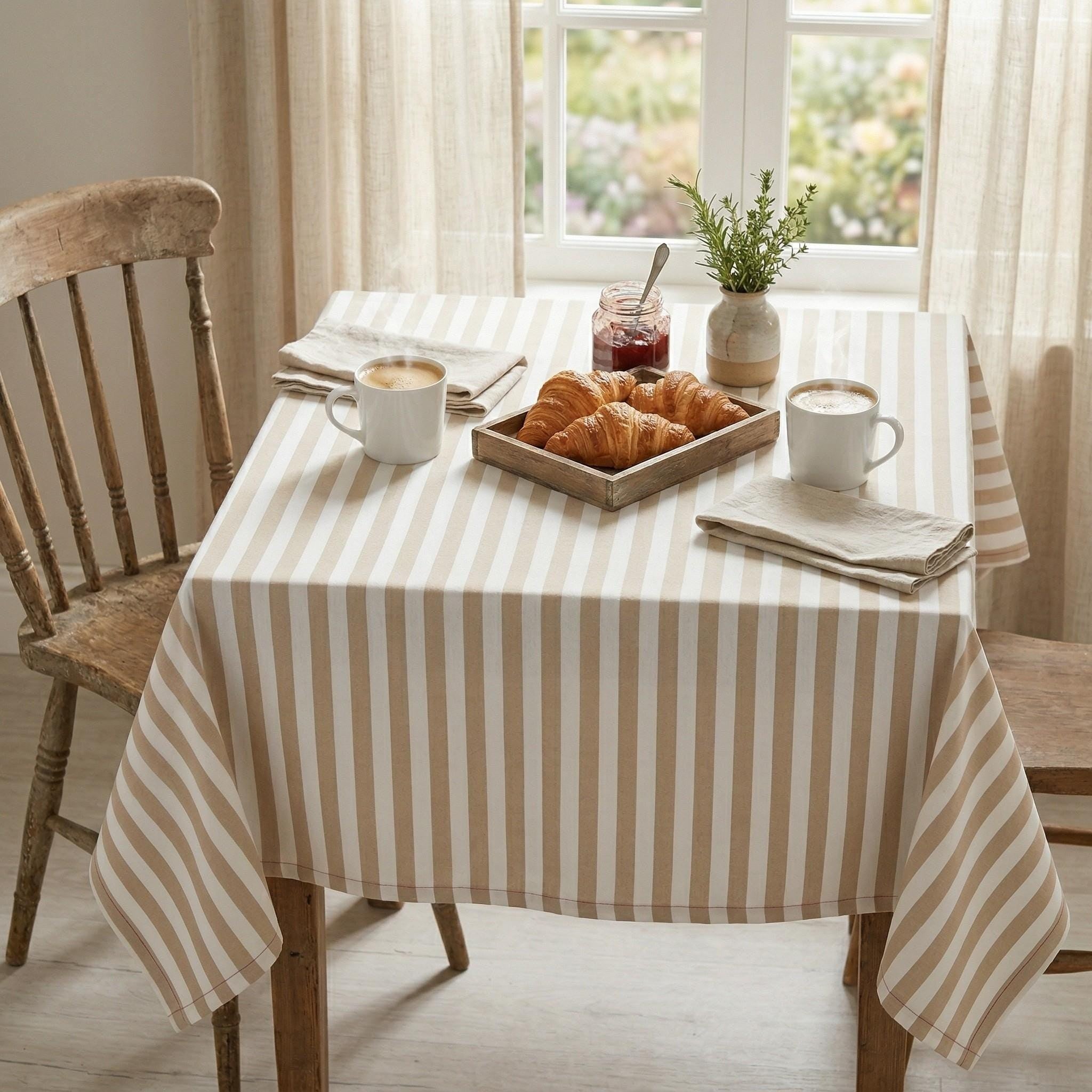 Striped Cotton Tablecloth — Beige, 12 Colors, Custom Size