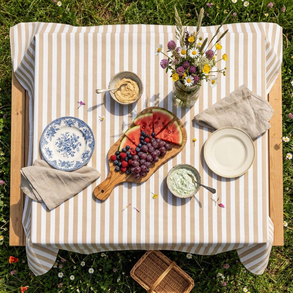 Striped Cotton Tablecloth — Beige, 12 Colors, Custom Size