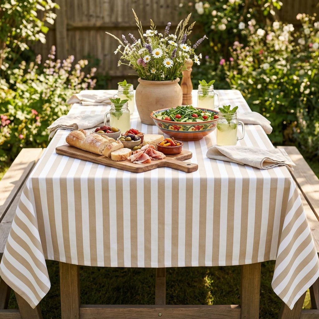 Striped Cotton Tablecloth — Beige, 12 Colors, Custom Size