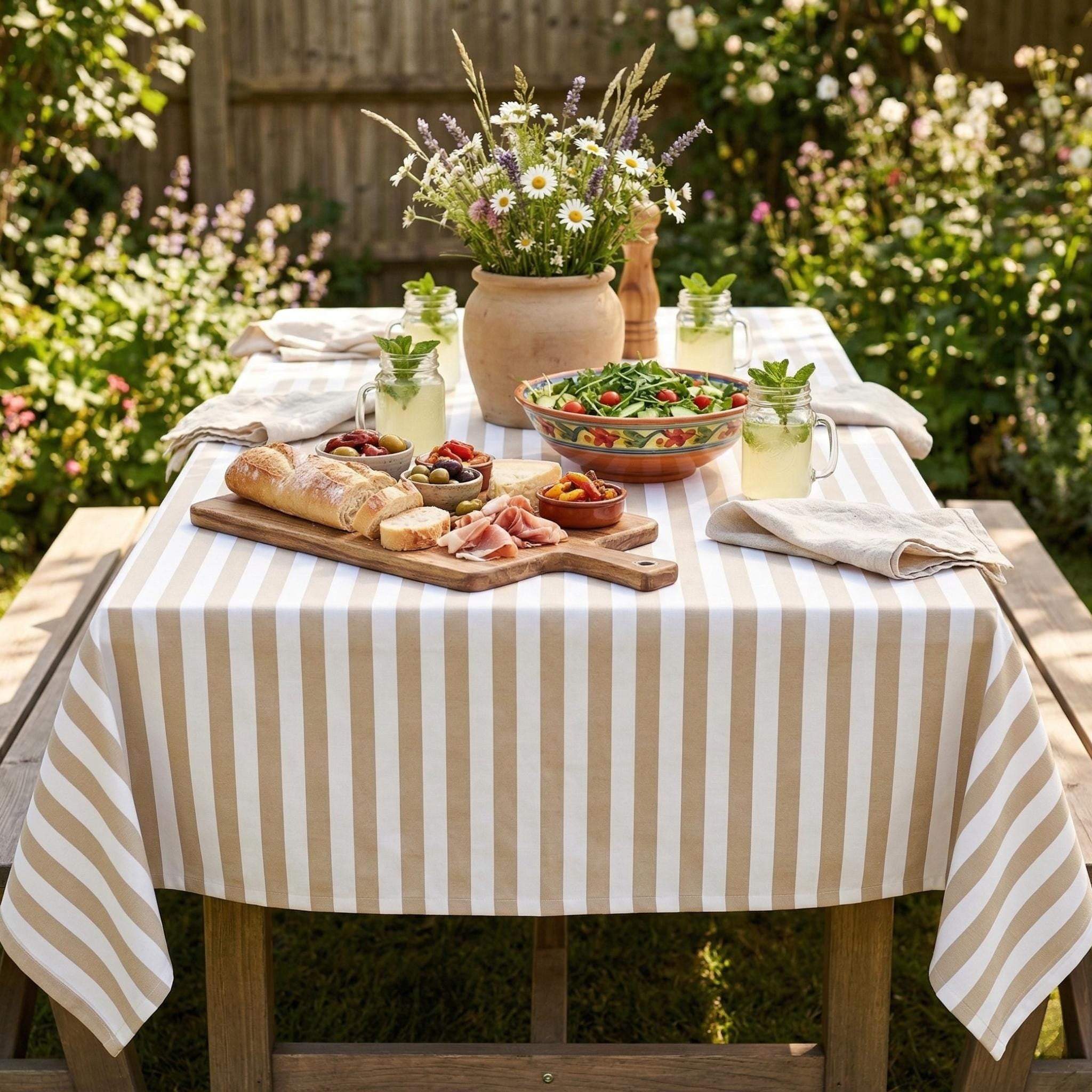 Striped Cotton Tablecloth — Beige, 12 Colors, Custom Size