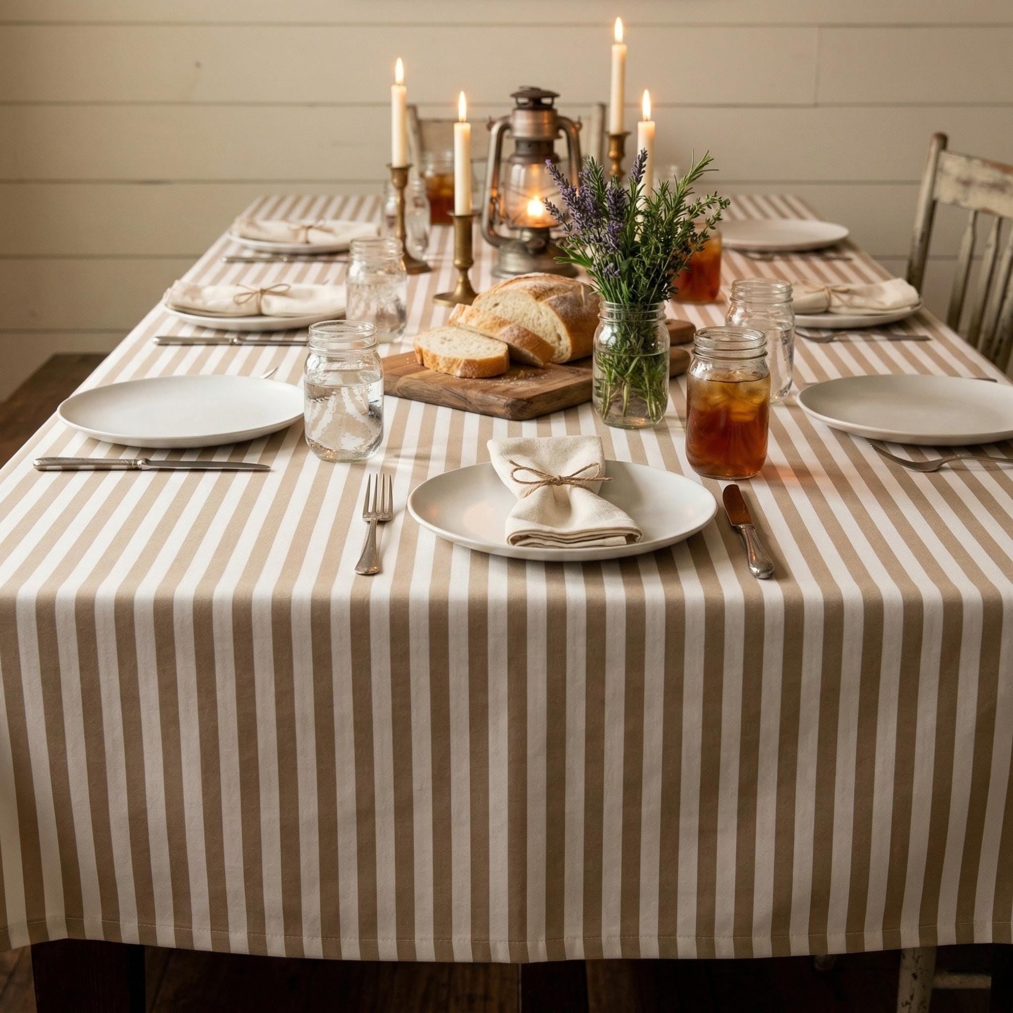 Striped Cotton Tablecloth — Beige, 12 Colors, Custom Size
