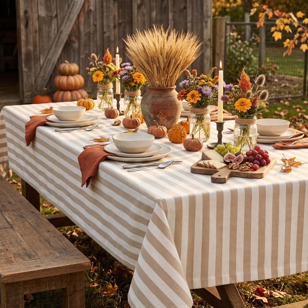 Striped Cotton Tablecloth — Beige, 12 Colors, Custom Size