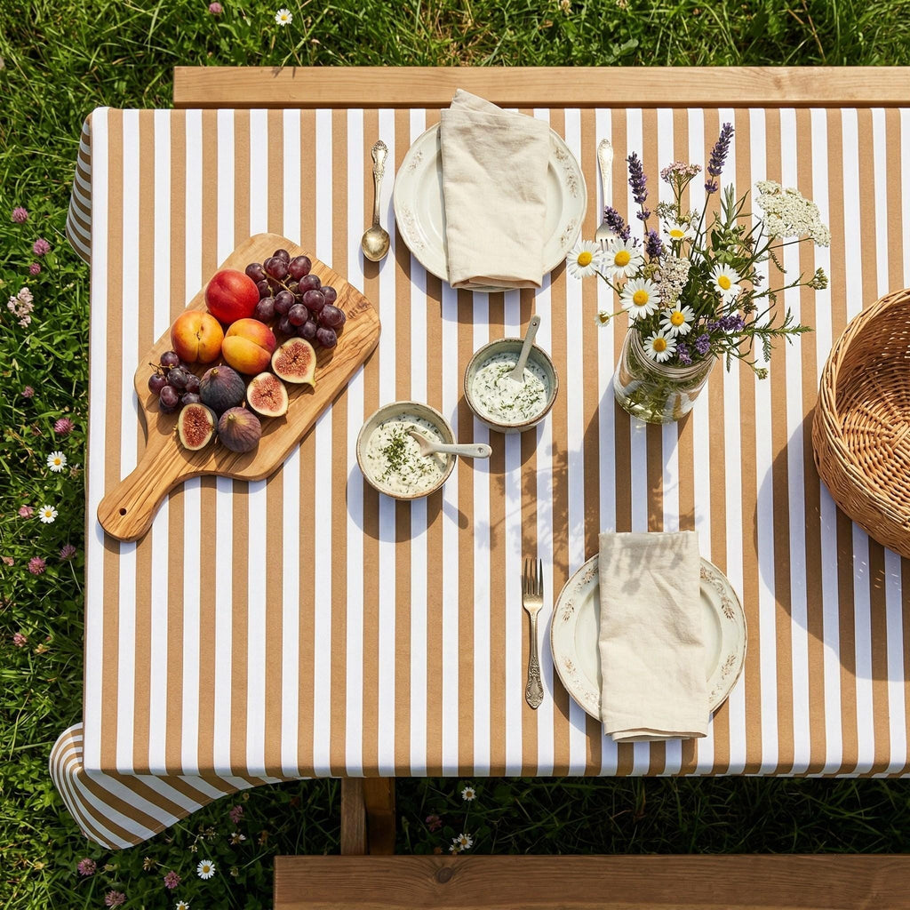 Striped Cotton Tablecloth — Dark Beige, 12 Colors, Custom Size