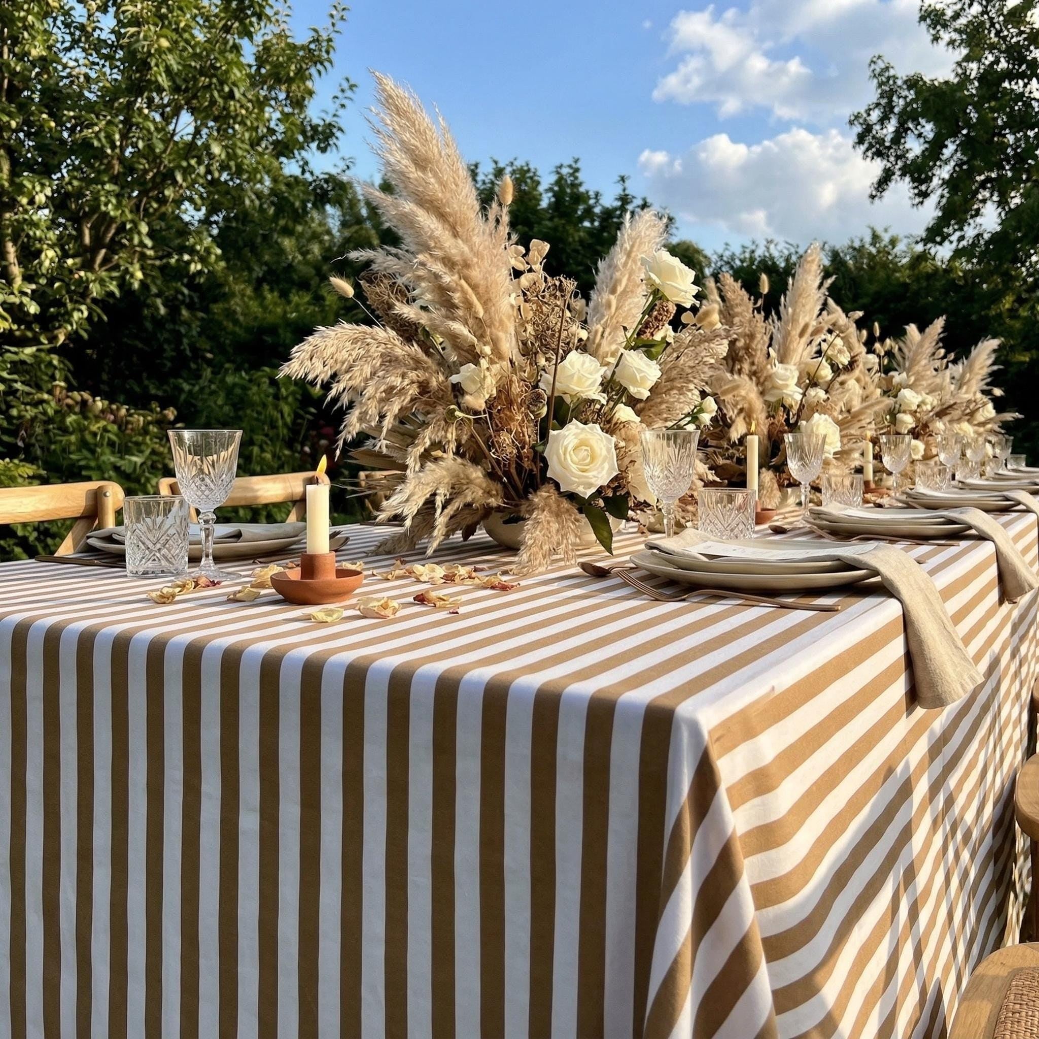 Striped Cotton Tablecloth — Dark Beige, 12 Colors, Custom Size