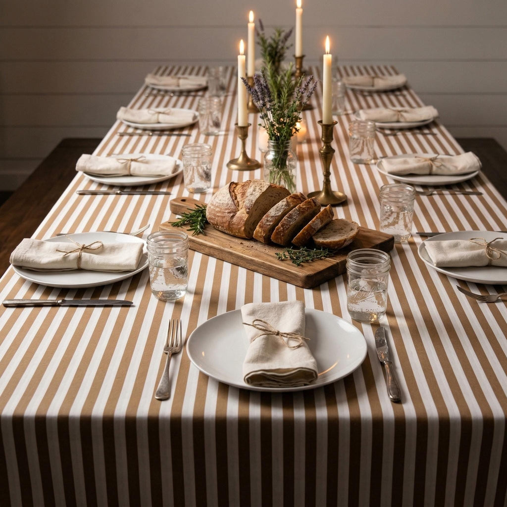 Striped Cotton Tablecloth — Dark Beige, 12 Colors, Custom Size
