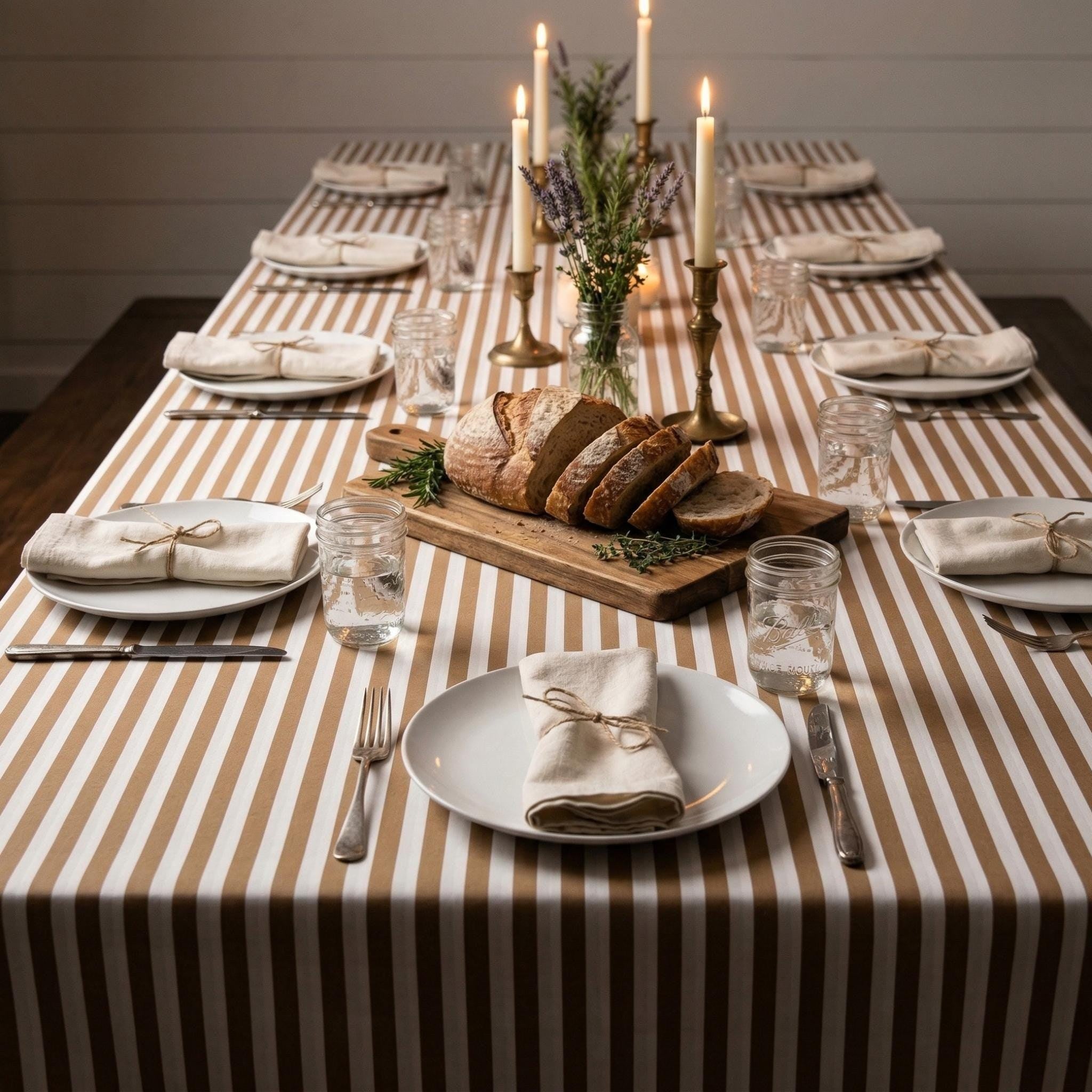 Striped Cotton Tablecloth — Dark Beige, 12 Colors, Custom Size