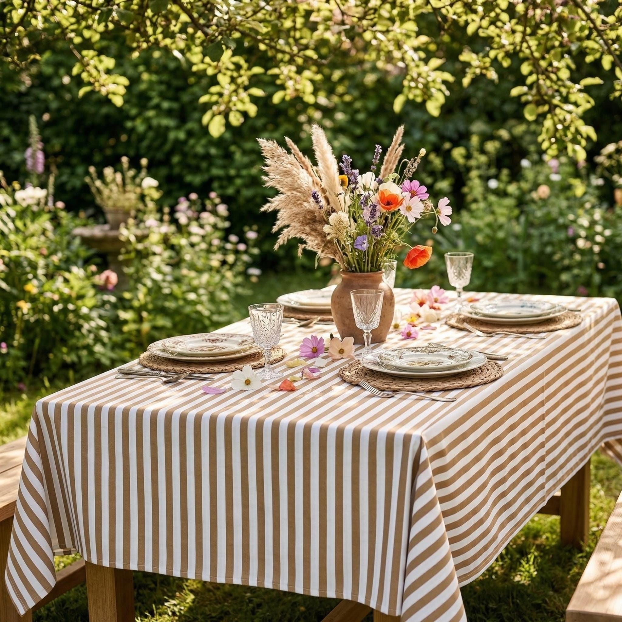 Striped Cotton Tablecloth — Dark Beige, 12 Colors, Custom Size