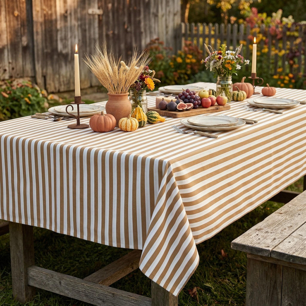 Striped Cotton Tablecloth — Dark Beige, 12 Colors, Custom Size