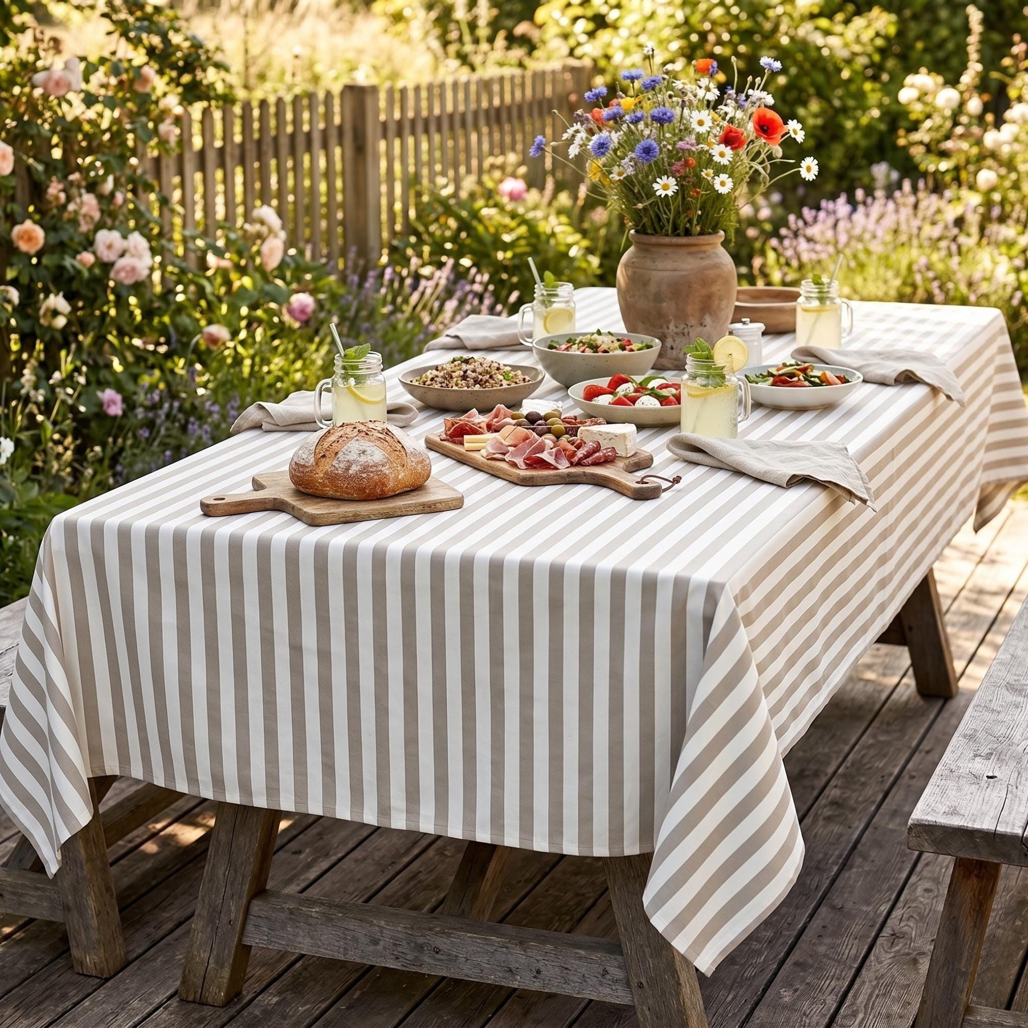 Gray striped cotton tablecloth draped over a modern dining table