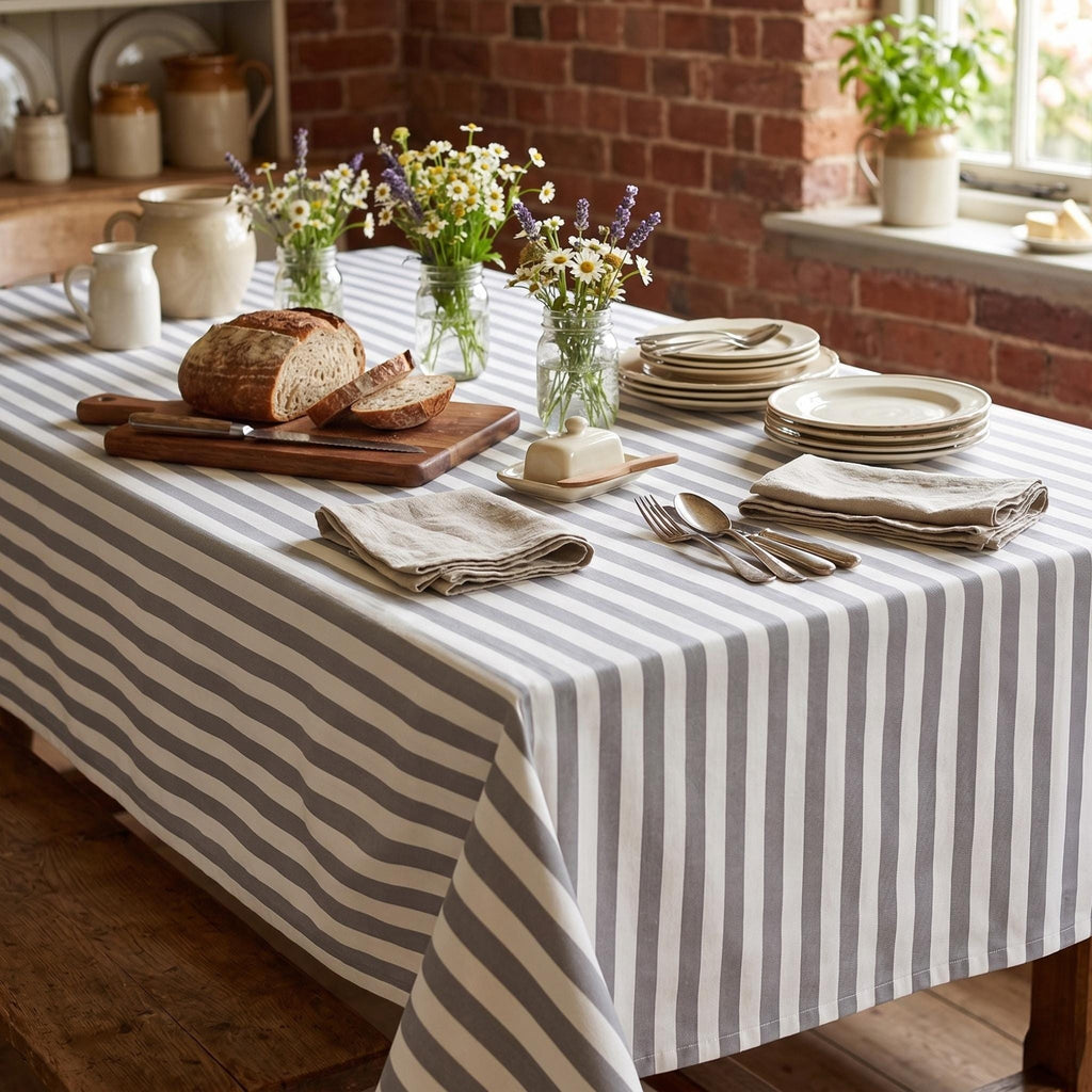 Striped Cotton Tablecloth — Gray, 12 Colors, Custom Size