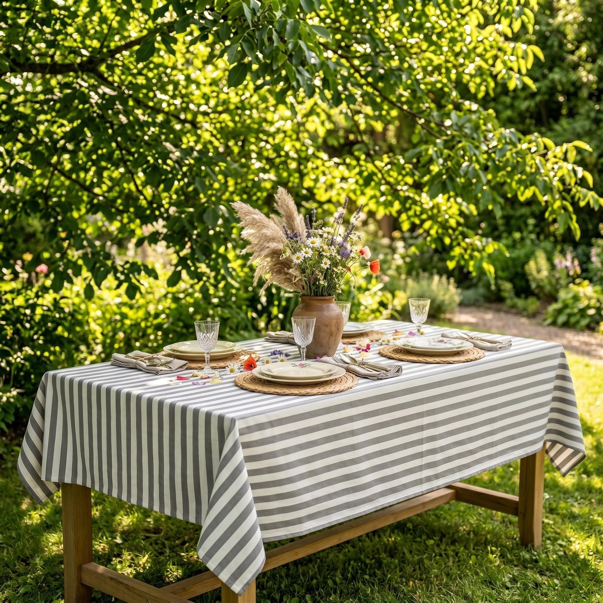 Striped Cotton Tablecloth — Gray, 12 Colors, Custom Size