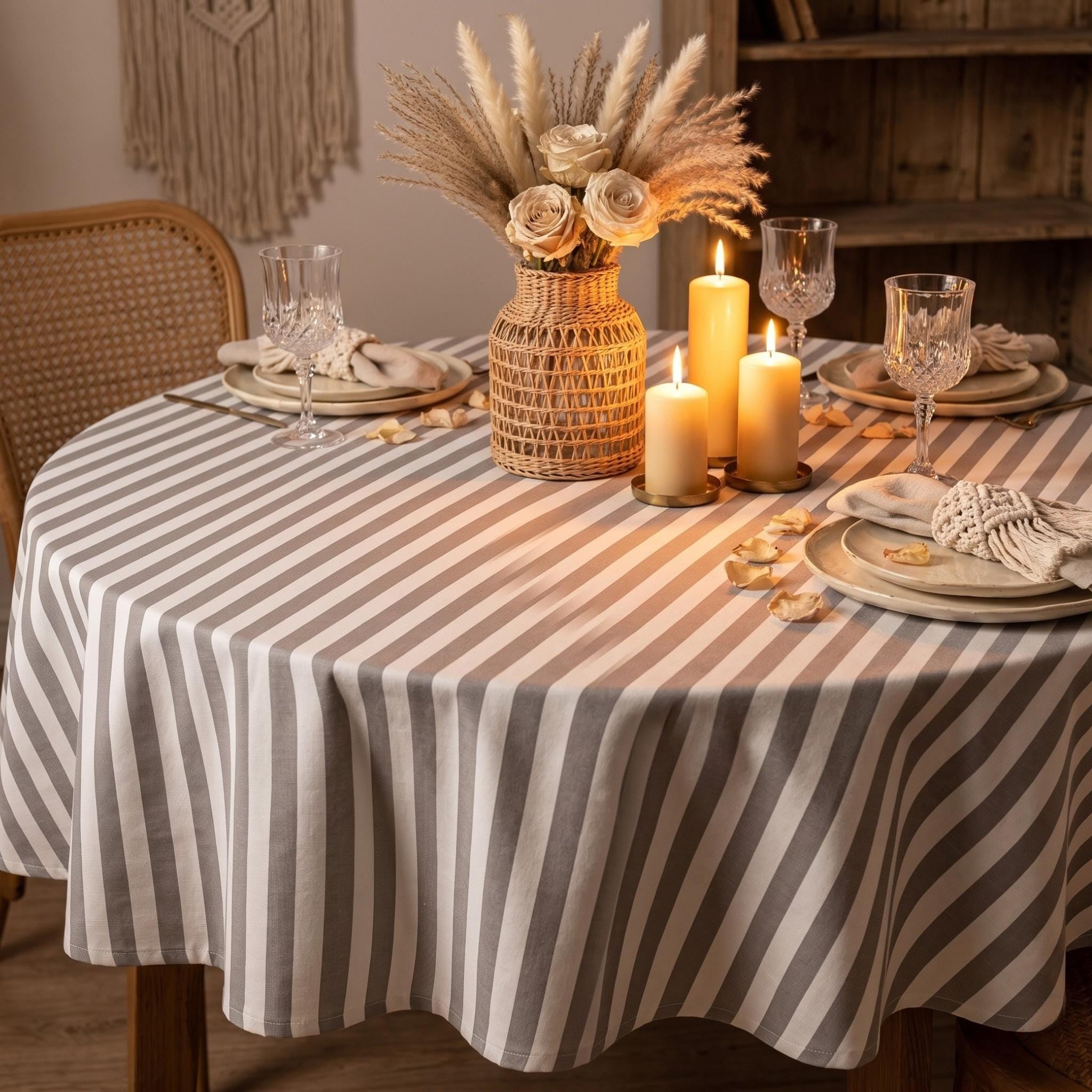Striped Cotton Tablecloth — Gray, 12 Colors, Custom Size