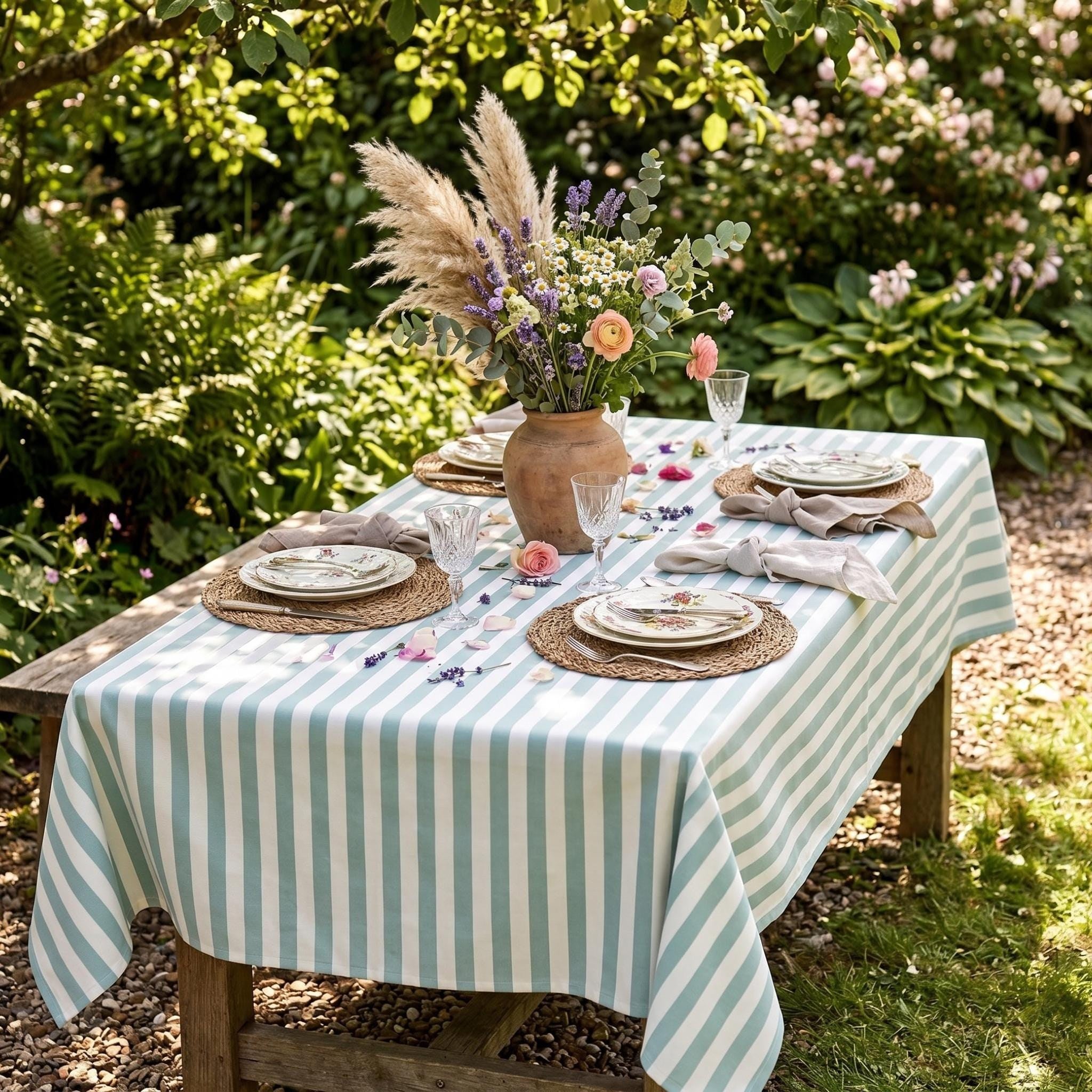 Striped Cotton Tablecloth — Mint Green, 12 Colors, Custom Size