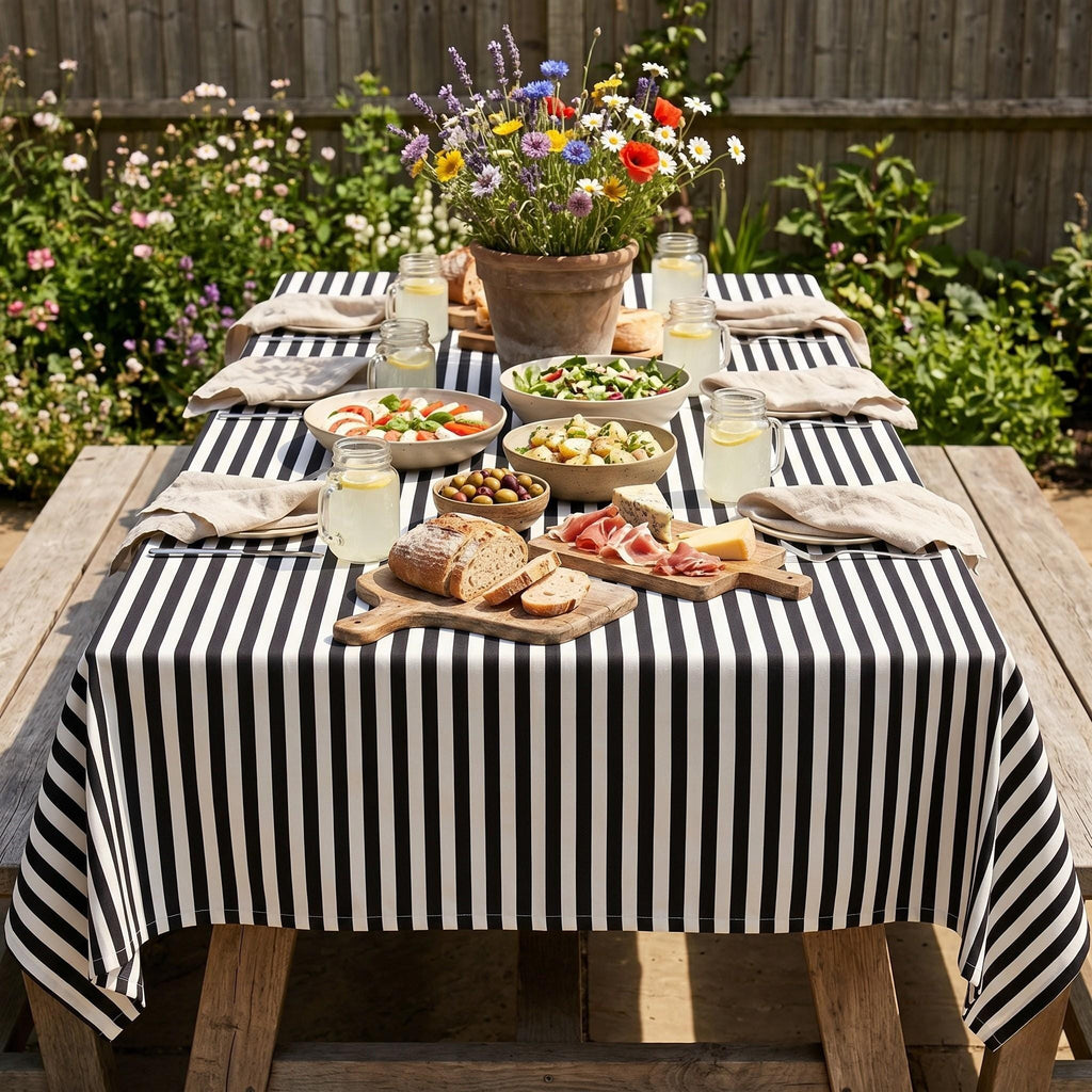 Black and white striped cotton tablecloth on a contemporary dining table