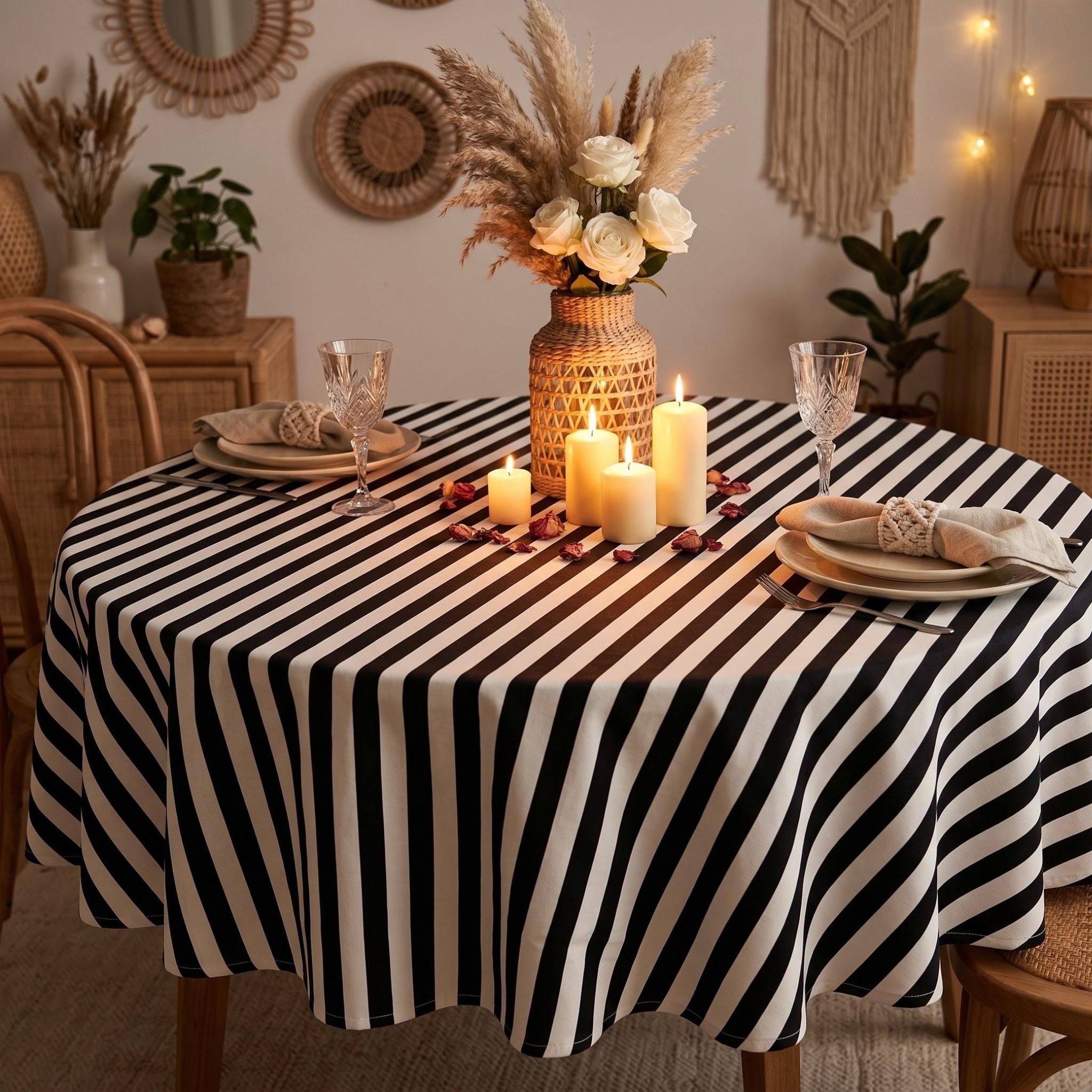 Striped Cotton Tablecloth — Black, 12 Colors, Custom Size