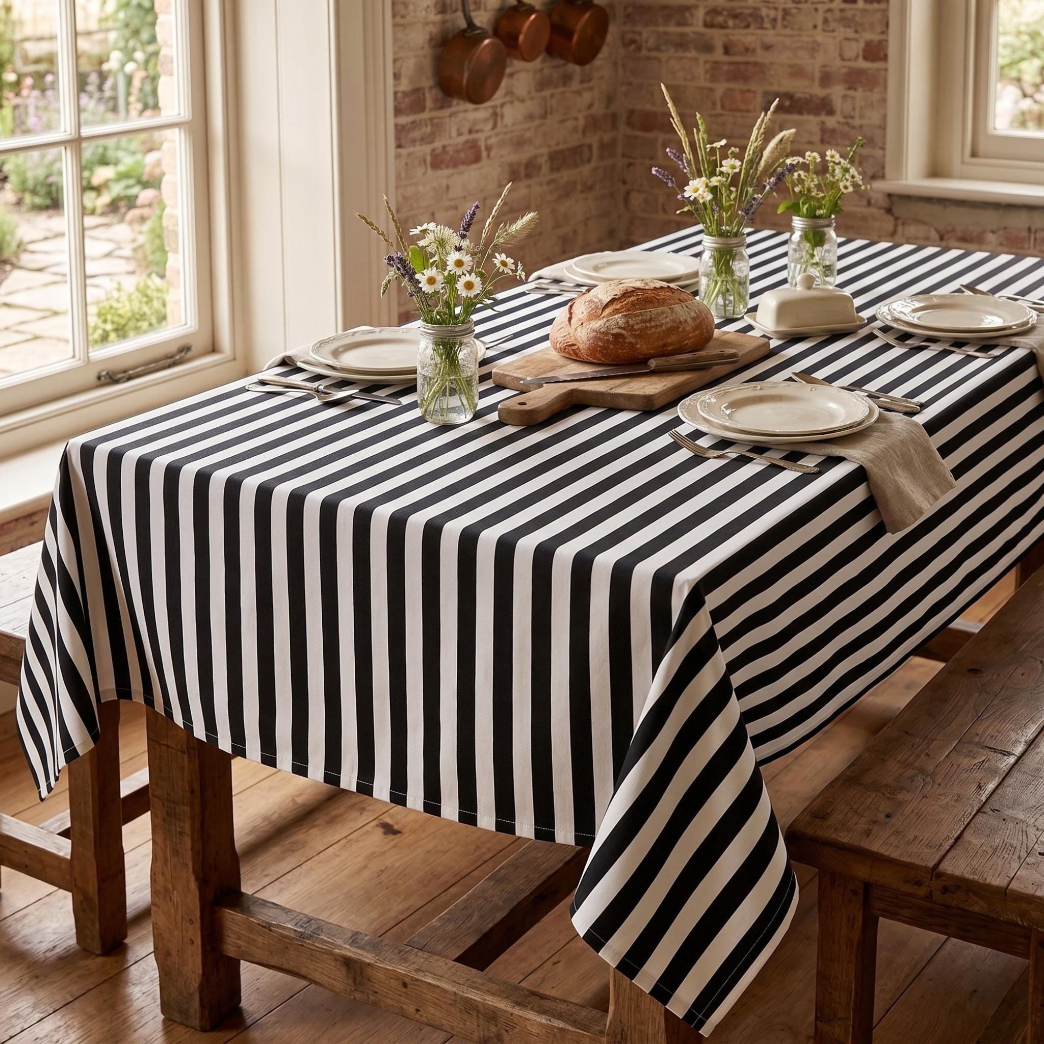 Striped Cotton Tablecloth — Black, 12 Colors, Custom Size