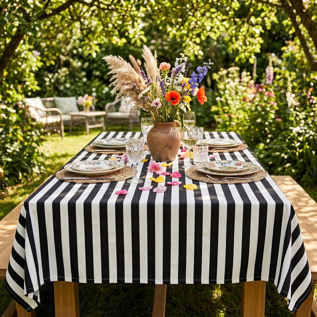 Striped Cotton Tablecloth — Black, 12 Colors, Custom Size