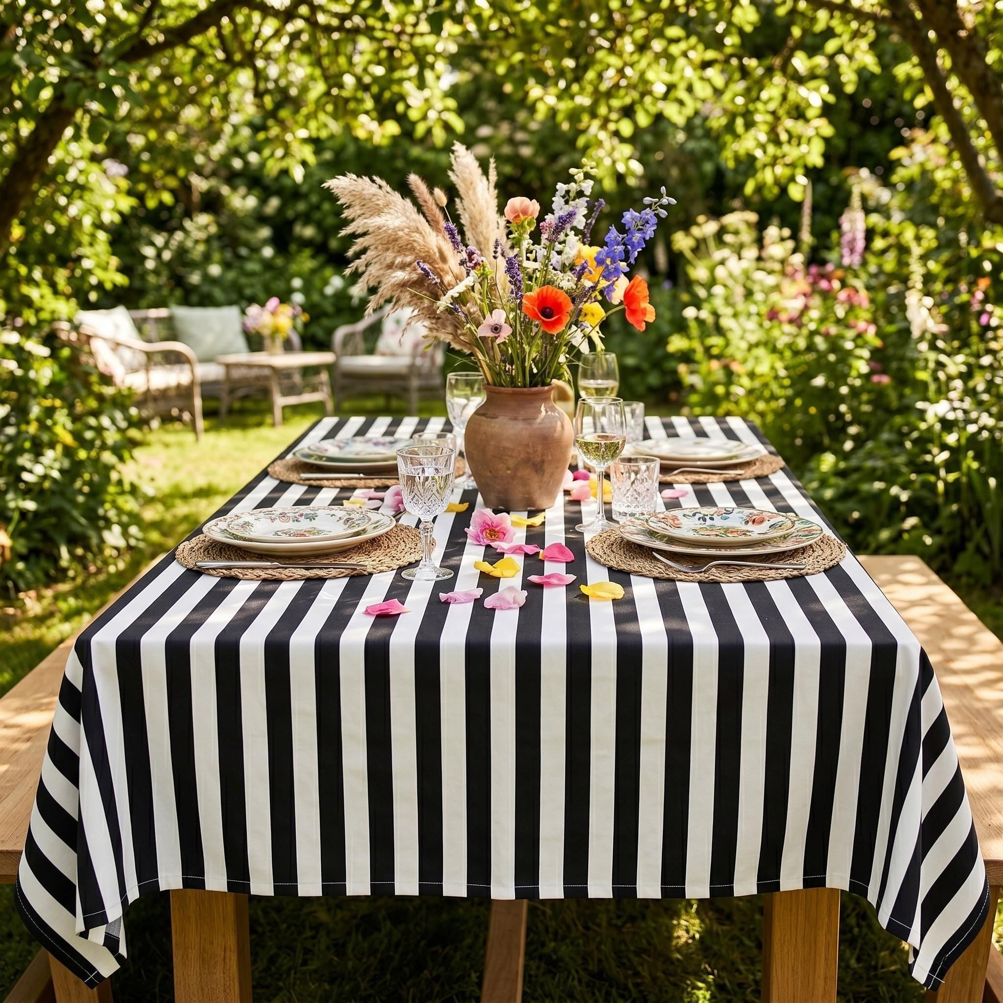 Striped Cotton Tablecloth — Black, 12 Colors, Custom Size
