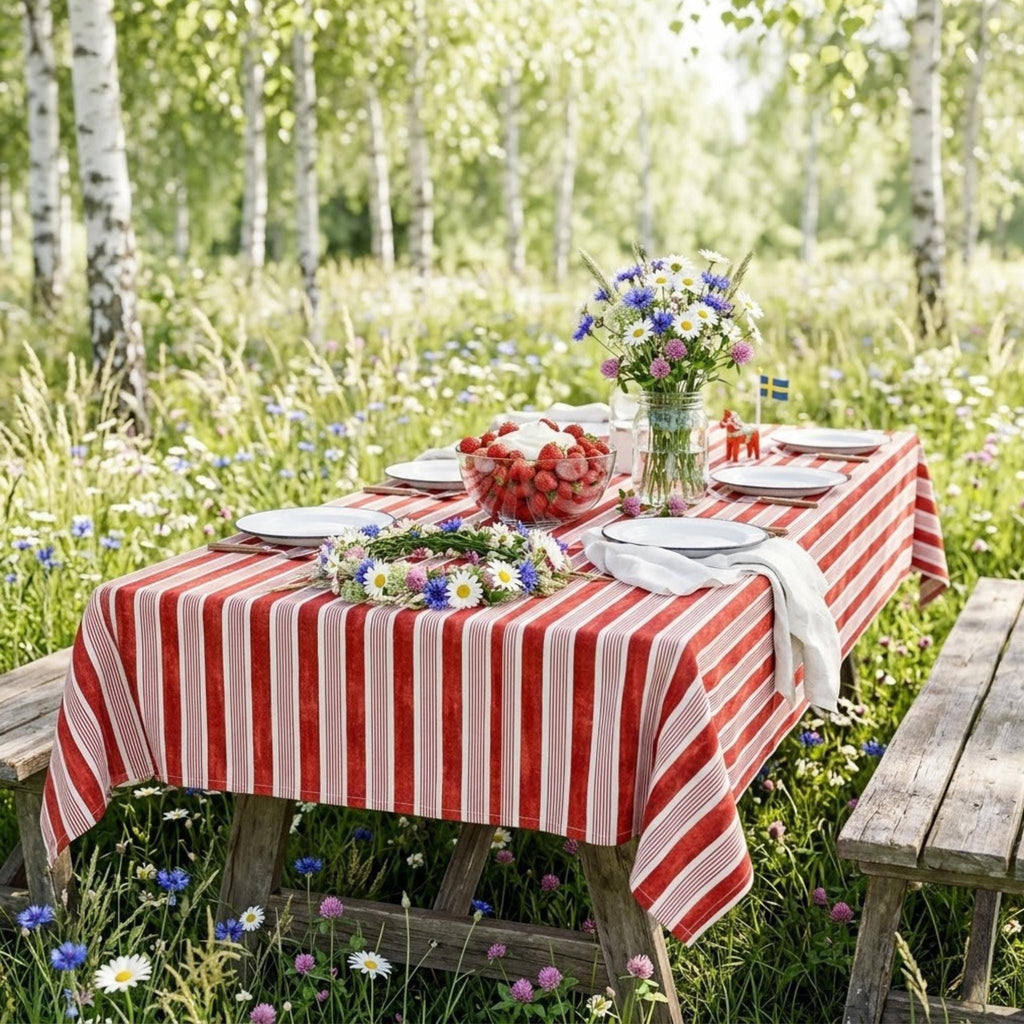 Vintage Striped Tablecloth — Red & Blue, Custom Size