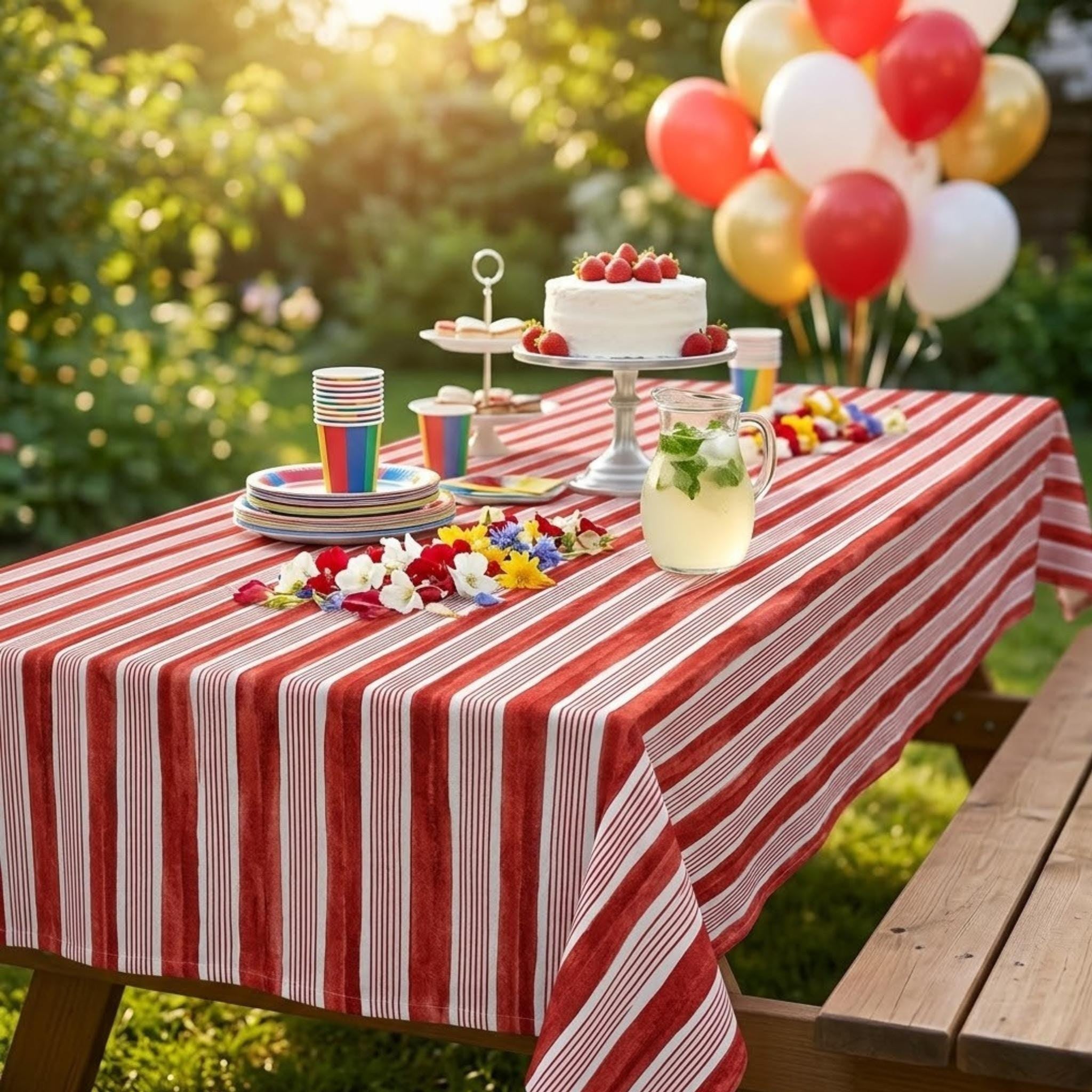 Vintage Striped Tablecloth — Red & Blue, Custom Size