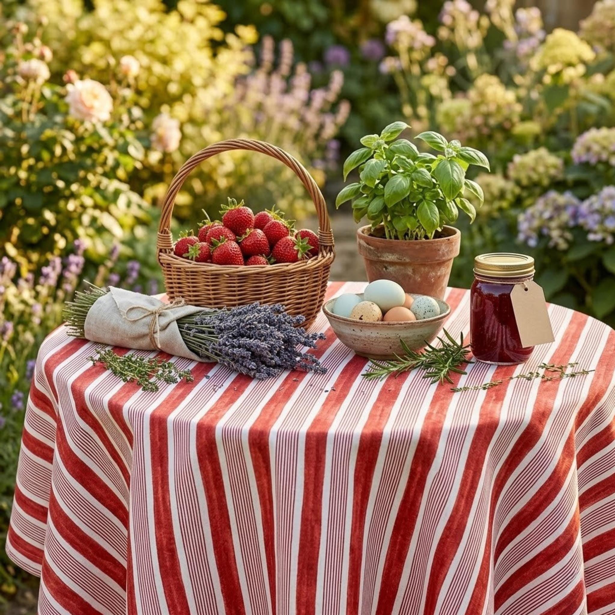 Vintage Striped Tablecloth — Red & Blue, Custom Size