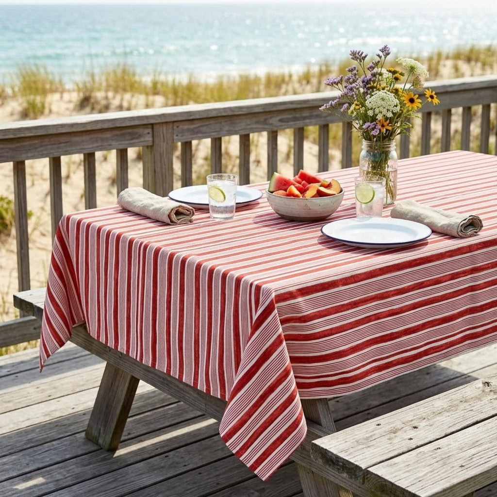 Vintage Striped Tablecloth — Red & Blue, Custom Size